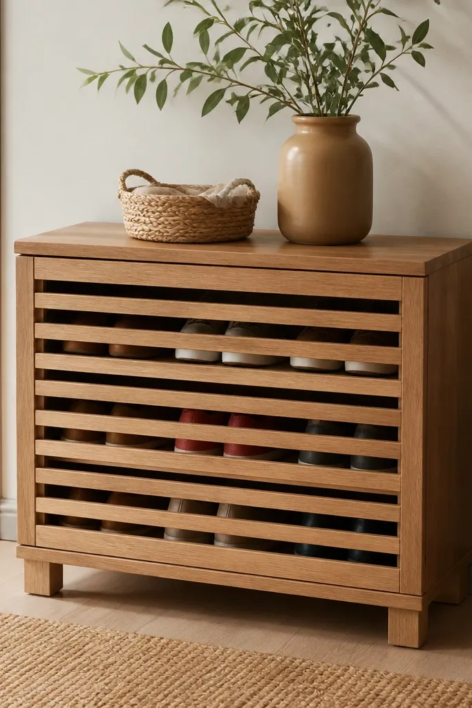 A small wooden shoe rack with a louvered front panel; shoes sit behind the slats and you can still see colors through the openings.