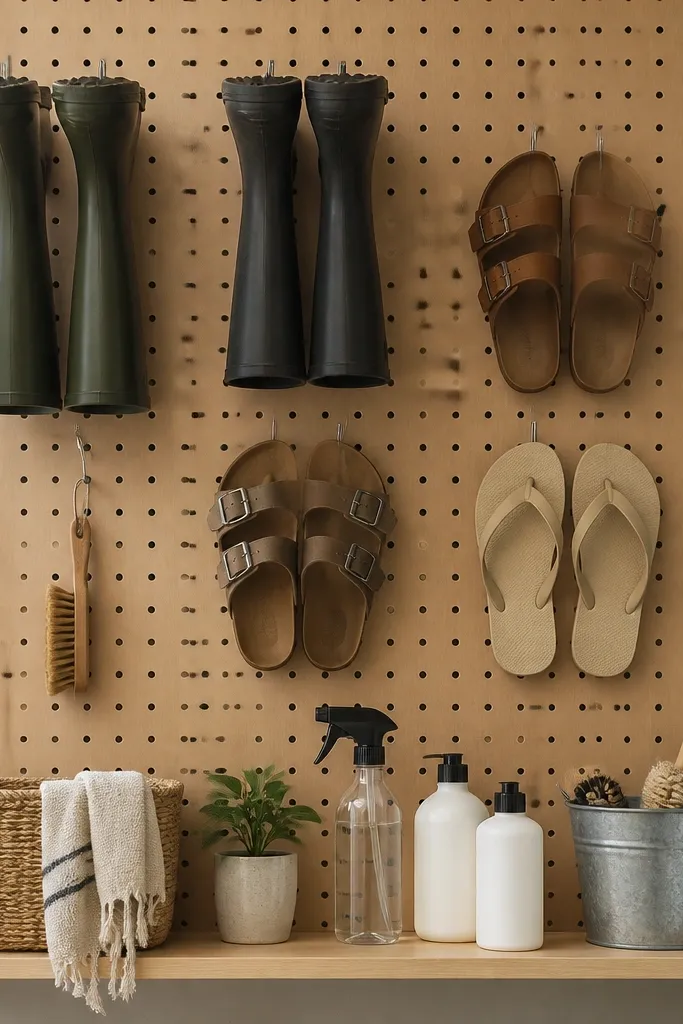 A pegboard wall with a small shelf at the bottom for cleaning supplies; above it are pegboard hooks holding boots and sandals.