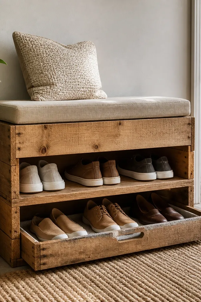 A bench made from two stacked wooden crates; shoes sit inside the lower crate, and liners can be pulled out for cleaning.