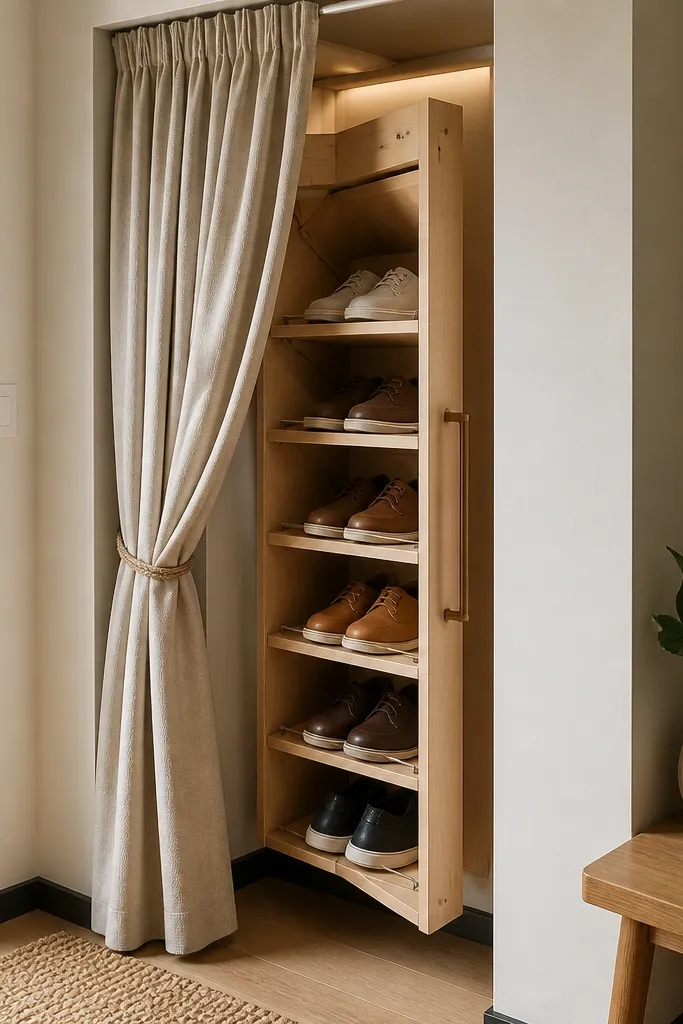 A small storage area with a curtain pulled aside; behind it a hinged panel swings open to reveal shoe compartments.