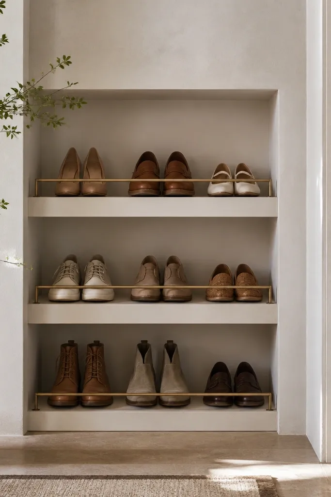 A wall niche with three tiers of shelves; each tier has a front rail and shoes are lined up neatly, with a small gap for air.