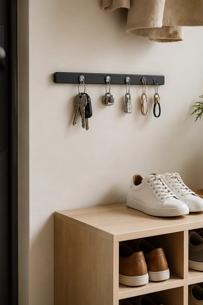 A slim magnetic bar mounted near the shoe rack area; small metal hooks hold keys and lace clips while shoes sit in a nearby low shelf.