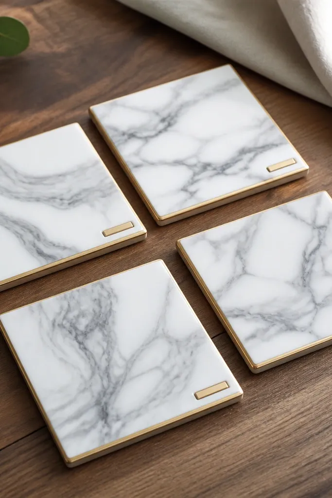 Four DIY coasters on a wooden table. Each coaster is white with gray marble veining made with paint, and the edges have a thin metallic gold line. Small rectangular labels sit at the bottom corner of each coaster with neat black text.