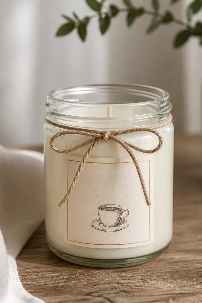 A clear glass jar candle with a cream label. The label has a handwritten-style font, a small line drawing of a coffee cup, and a thin gold border. The jar is topped with a simple twine bow.