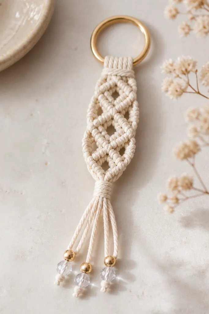 A small macrame keychain hanging from a keyring. It has a neat diamond pattern in cream cord and a tassel ending with three tiny beads in gold and clear.