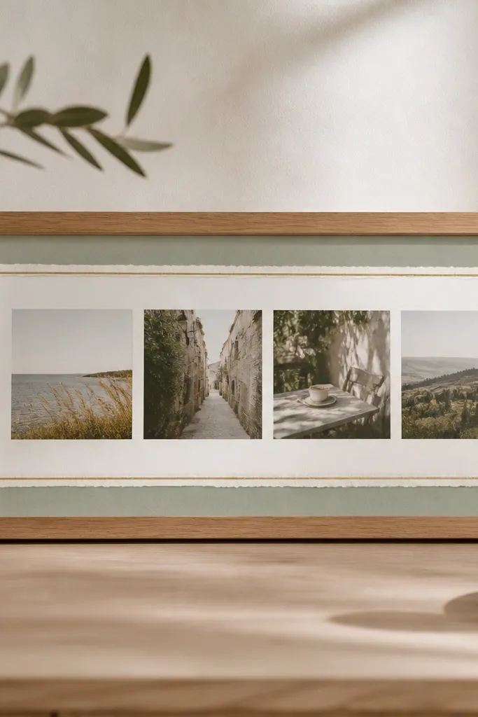 A slim wooden frame holding a strip of four small photos. Washi tape in muted sage and cream lines the top and bottom, with a thin gold tape accent. The photos look like they were printed on matte paper.
