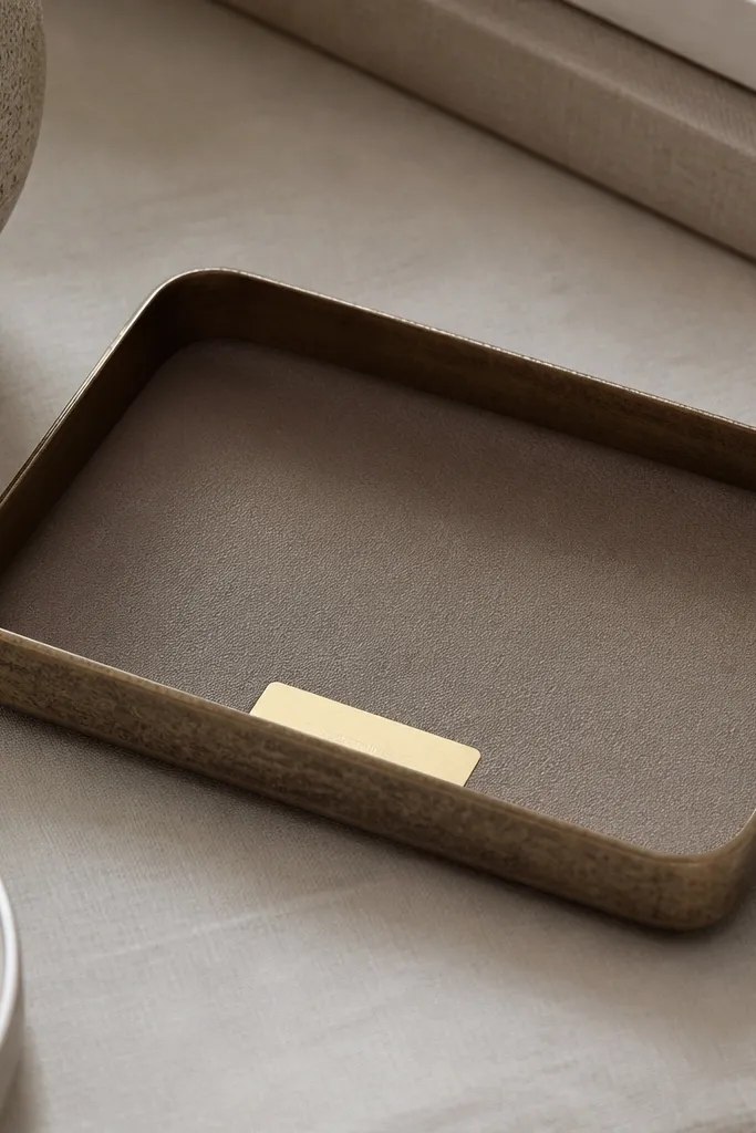 A small rectangular desk tray with a thrifted metal base. The inside has a smooth dark taupe leatherette liner with clean corners. A gold foil label sits near the front edge.