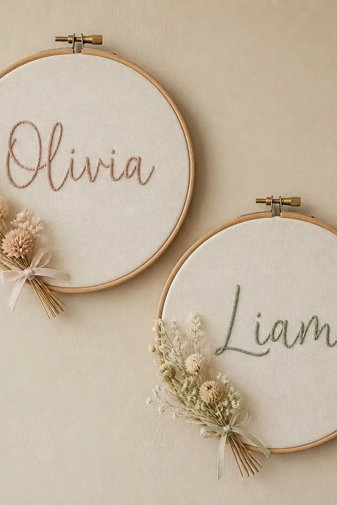 Two embroidery hoops on a beige wall. Inside, a hand-lettered name is stitched on cream fabric. A small cluster of dried flowers sits in the lower corner, tied with thin ribbon.
