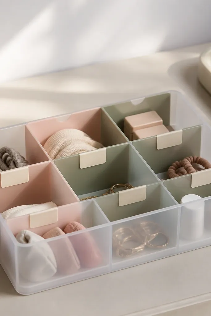 A clear plastic organizer with several compartments. The dividers are painted in soft blush and sage, and the organizer has a frosted look from a light spray finish. Small labels sit on each section.