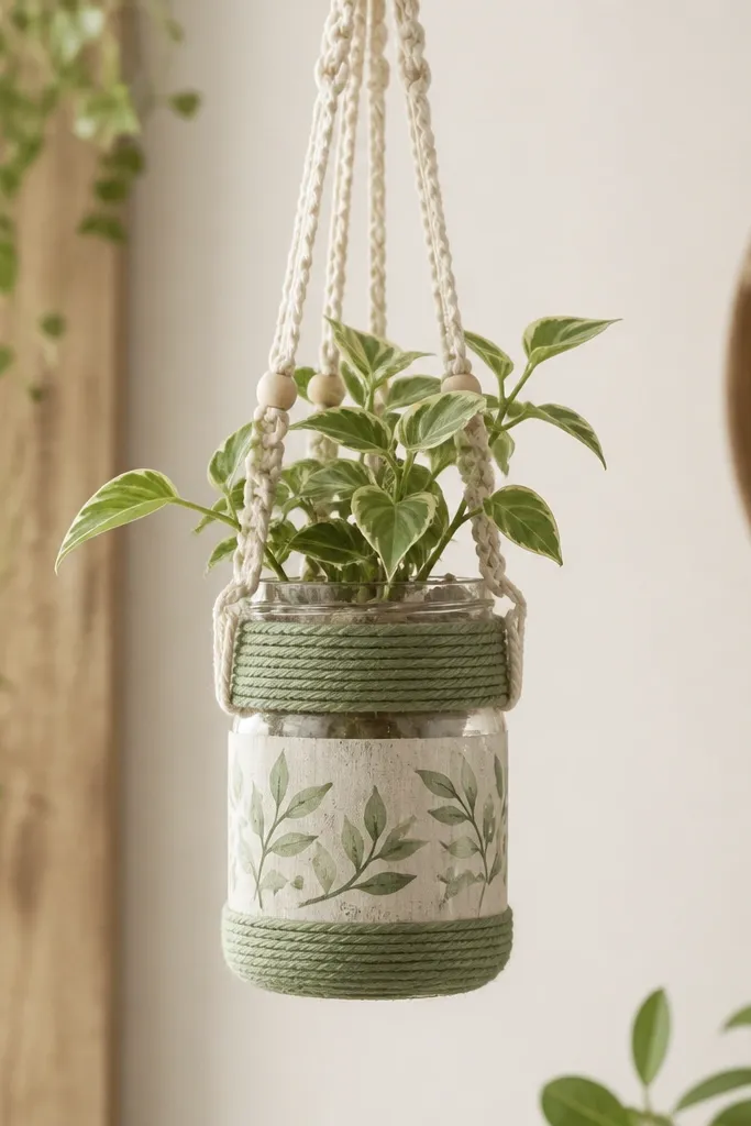 A small hanging glass jar planter. The jar is wrapped with sage-green twine in bands, and the top has a macrame hanger. A small plant sits inside and the jar has a hand-painted label.
