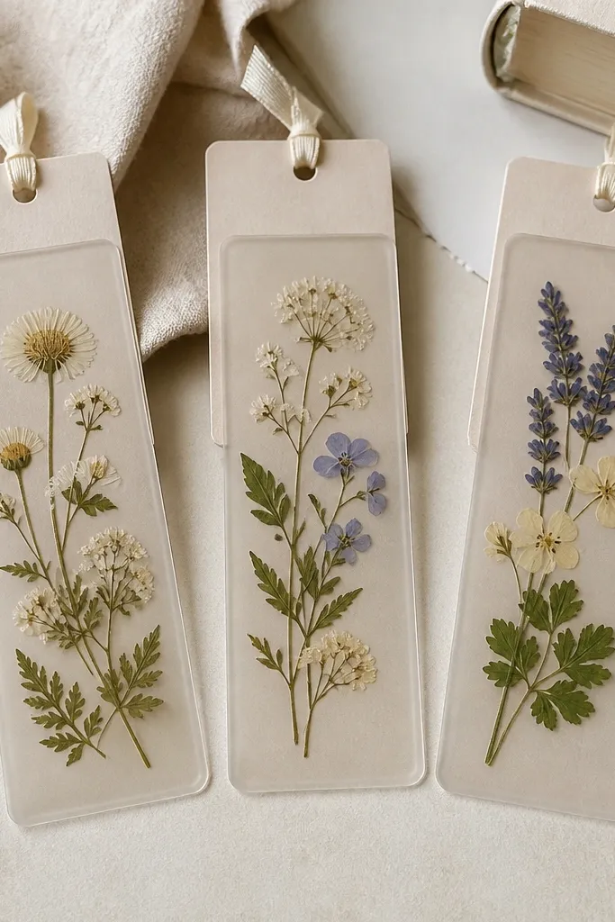 Three bookmarks made from thin clear laminate. Pressed flowers sit inside, and the edges are sealed with a frosted finish. Each bookmark has a small matte card backing label.