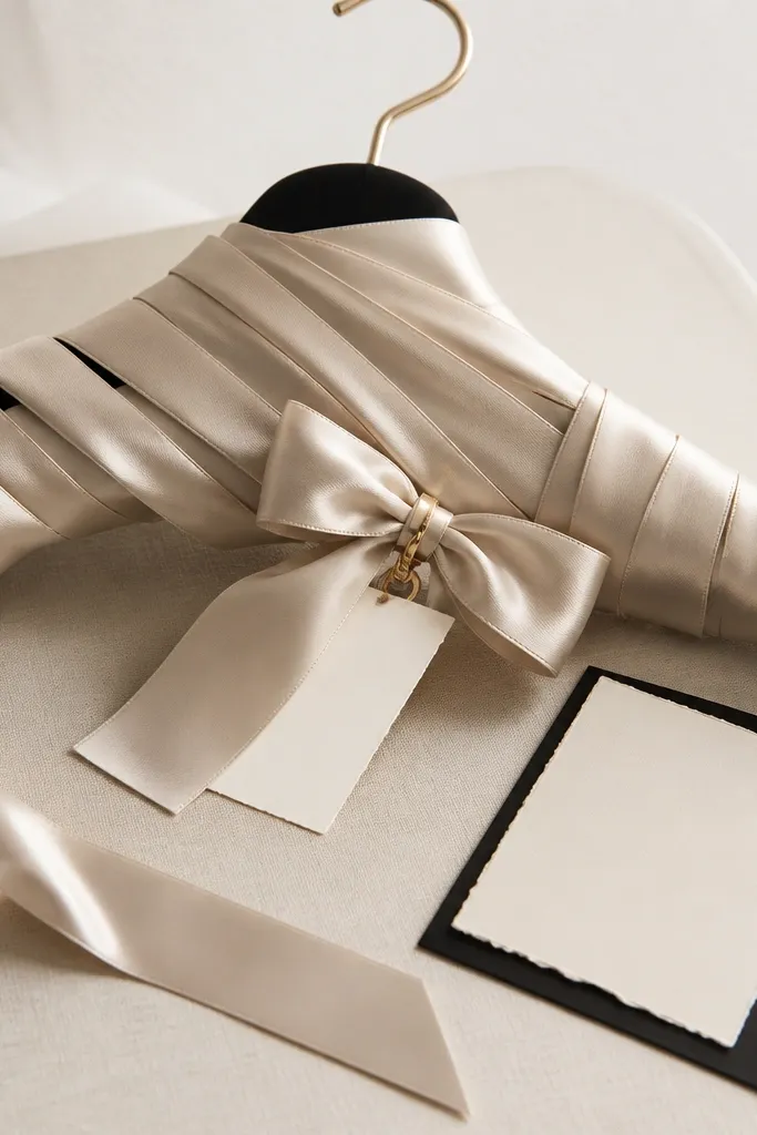 A long satin ribbon wrap coiled on a hanger. There's a satin bow tag attached with a small gold clip, and a label card sits beside it in cream and black.
