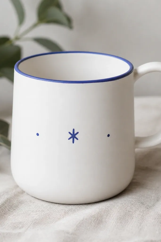 A plain white mug decorated with cobalt paint pen lines around the rim. There are two thin cobalt dots on the side and a small hand-drawn star. The finish looks matte and clean.