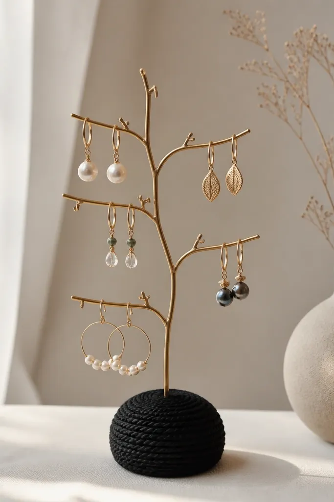 A small earring stand shaped like a simple branch. The base is wrapped with black yarn, and a thin gold wire branch holds pairs of earrings. Small hooks are spaced evenly.