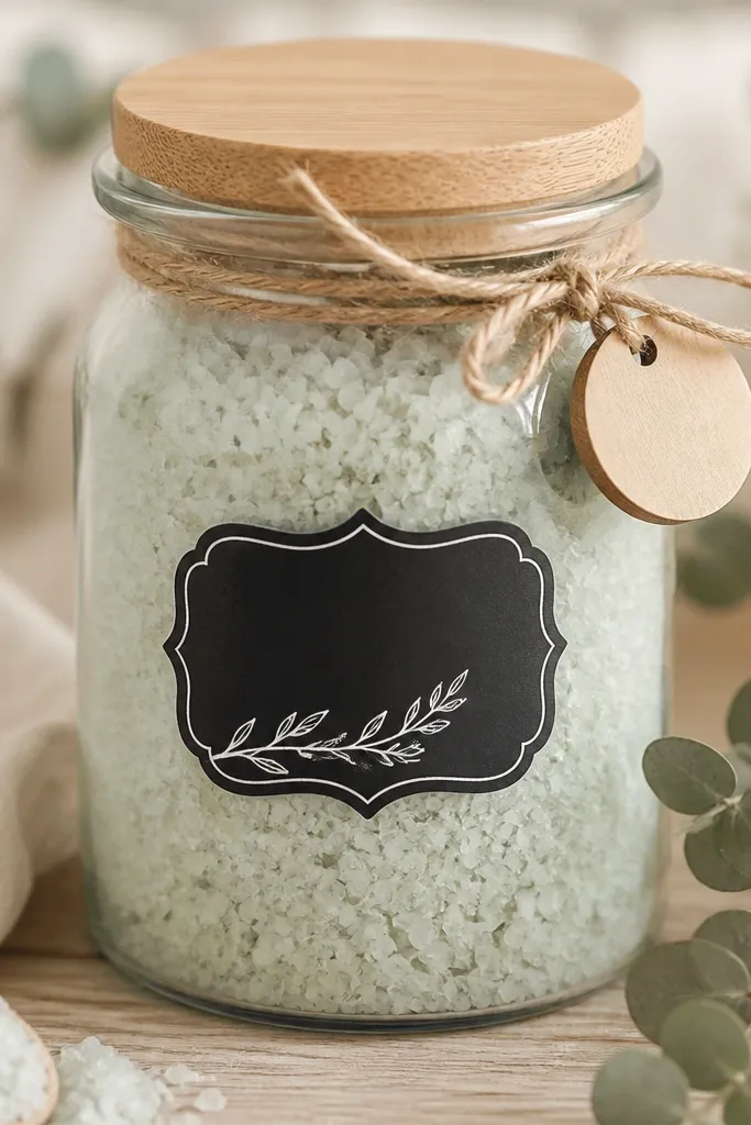 A clear glass jar filled with pale green bath salts. The jar has a chalk-style label reading the friend's name, plus a small sprig illustration. The lid has twine and a small wooden tag.