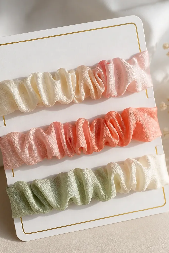 A small set of three scrunchies on a card. Each scrunchie has a different fabric color gradient - cream to blush, blush to coral, and sage to cream. The card has neat black text and a gold sticker border.
