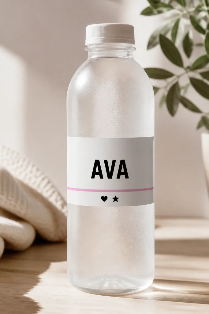 A transparent water bottle with a frosted look from a clear wrap. There's a centered label with the friend's name in bold black letters and a thin colored stripe. Small icons show a heart and a star.