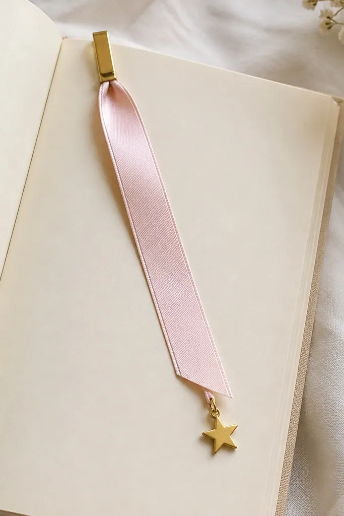 A satin ribbon bookmark tied to a small metal clip. The ribbon is soft pink, and a tiny gold star charm hangs at the end. The bookmark rests on an open book page.