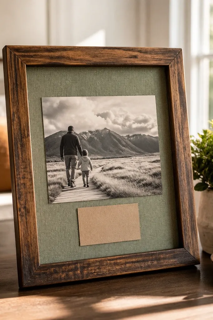 A thrifted wood frame with a fabric mat behind the photo. The fabric is a soft oatmeal linen, and a small quote card sits centered at the bottom. The frame edges are painted a muted white.