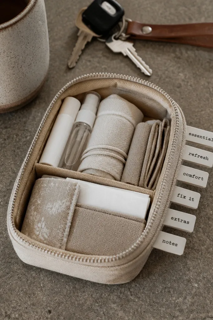 A small zip pouch filled with travel items. Inside, each item sits in a labeled mini compartment with tabs: "pain relief," "lip balm," "bobby pins." The pouch is a neutral beige with a black zipper.