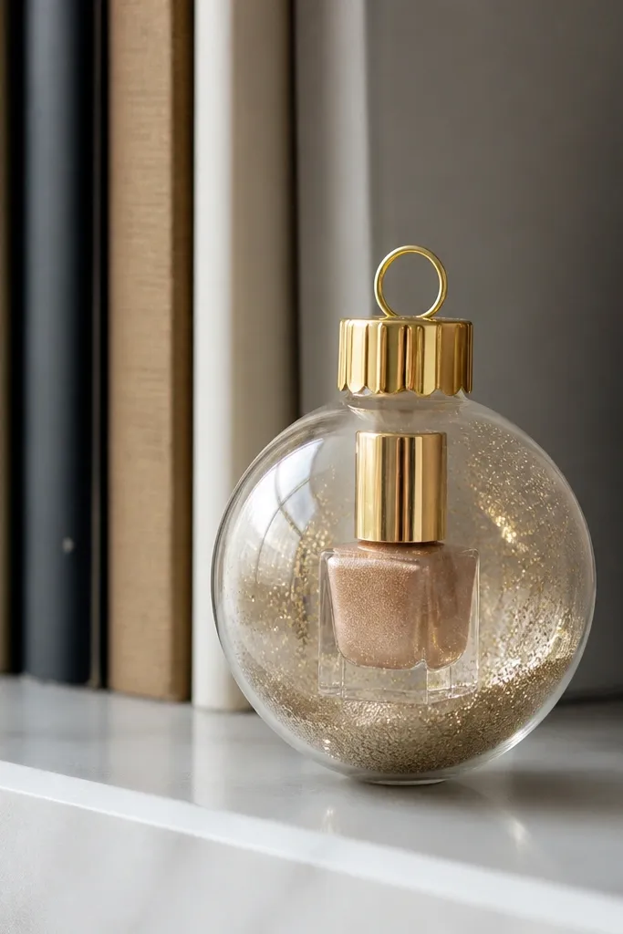 A small clear ornament ball with a tiny nail polish bottle inside or attached. The ornament is filled with fine champagne glitter and has a gold cap at the top. It sits on a shelf next to books.