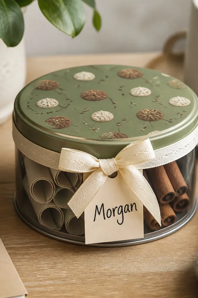 A small round metal tin with a matte sage lid sits on a wooden desk. The lid has a thin layer of clear contact paper pressed flat over a sheet of pressed faux cookie graphics (brown circles and tiny frosting swirls). Wrapped around the tin is a cream ribbon tied in a short bow, with a small tag that says the recipient's name in neat black marker. Inside the tin are several neatly rolled mini note cards and a few cinnamon sticks, visible through a clear window sleeve on the side.