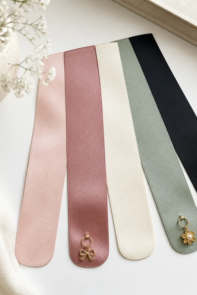 Five satin ribbon bookmarks fanned on a white desk, each ribbon 1 inch wide in blush pink, dusty rose, cream, sage, and black. The ends are rounded and heat-sealed, slightly shiny, with a small gold jump-ring and a tiny charm on two of them.