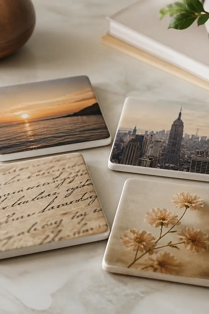 A set of four square coasters on a coffee table. Each coaster has a photo transfer image in the center - one shows a sunset, one shows a city skyline, one shows a handwritten note texture, and one shows a small floral. The surface is glossy and smooth.