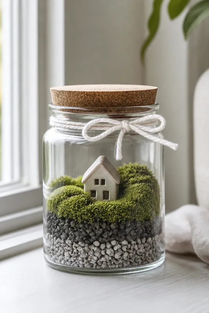 A small glass jar terrarium on a windowsill. Inside: layered stones in light gray and charcoal, a tiny matte ceramic house, and a thick cap of green faux moss. A small bow is tied around the jar lid with white twine.