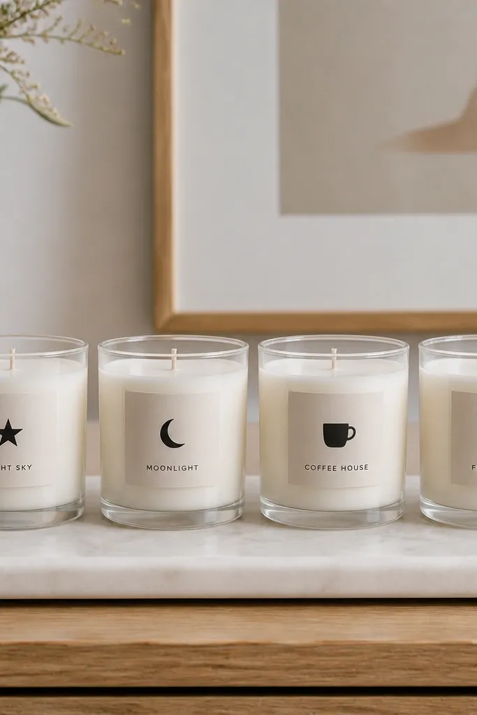 Four clear glass candle jars with matching heat-safe vinyl labels. Each label has a simple icon like a star, a moon, a coffee cup, and a leaf, plus a scent name in small black text. The labels are centered and crisp.