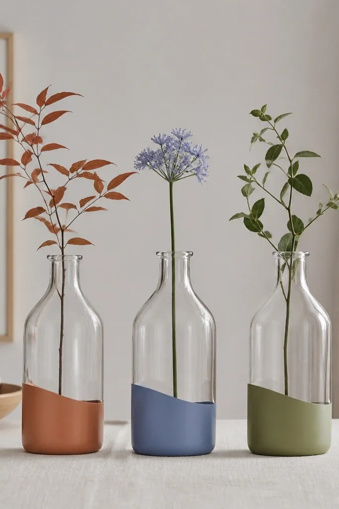 Three clear glass bottles on a table. Each bottle has a smooth bottom fade in terracotta, dusty blue, and muted olive. The paint stops in a clean curved line, and the bottles hold single stems.