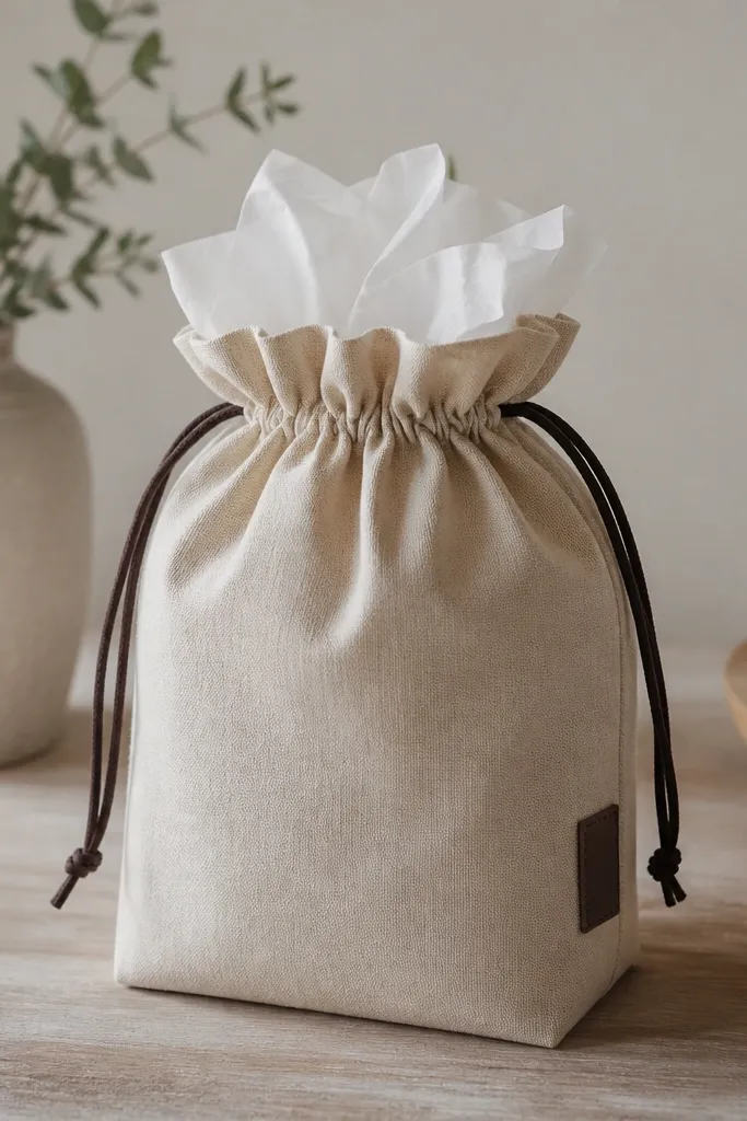 A reusable fabric gift bag made from medium-weight cotton in oatmeal beige. It has boxed corners that make it stand up, a drawstring in matching dark brown, and a small stitched label tag. Tissue paper peeks out.