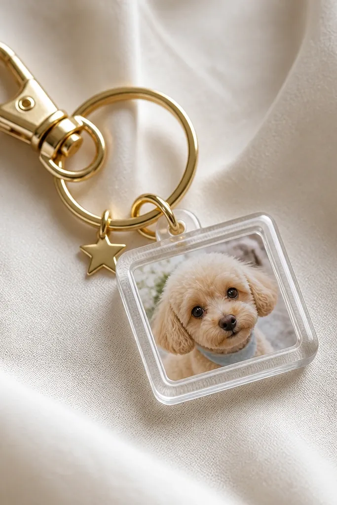 A keychain with a small clear resin frame, inside it a tiny photo of a dog. The resin has a smooth glossy surface and a gold clasp. The frame is attached to a split ring and a small star charm.