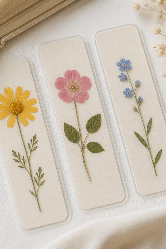 A set of bookmarks made from clear laminated plastic over thin cardstock. Each has a pressed flower in the center like a yellow daisy, a small pink blossom, and a tiny blue forget-me-not. Corners are rounded and edges are sealed.