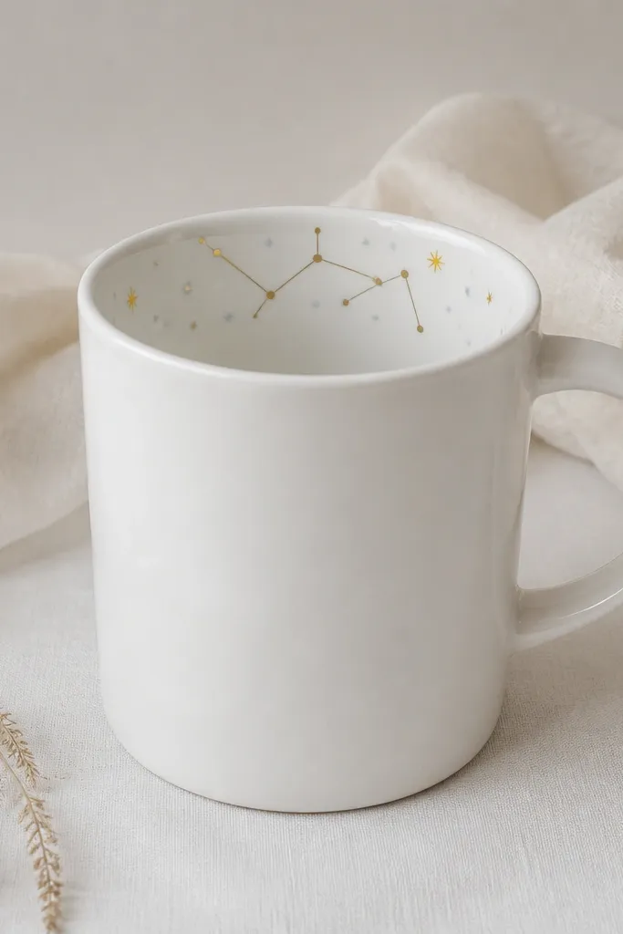A white ceramic mug with a hand-painted constellation inside the rim. Tiny gold and pale blue dots and short lines sit just below the lip. The outside has no paint, and the mug looks clean and minimal.