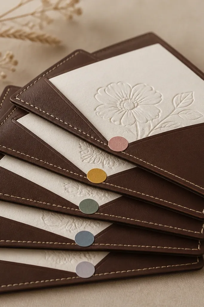 A stack of six handmade greeting cards with embossed floral outlines. Each card sits in a faux leather envelope in deep chocolate brown with visible stitched seams using cream thread. The cards have matching small circular stickers on the corners.