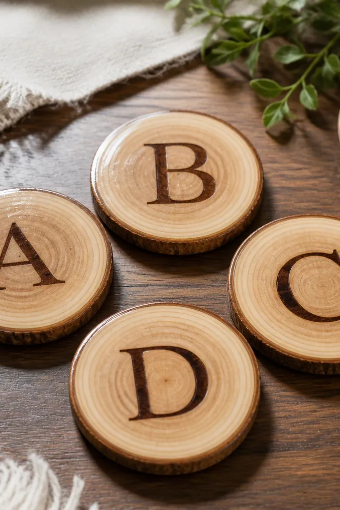 Four round wood slice coasters. Each has a burned single initial in the center, one in dark brown ink-like char. The edges are smooth and the surface has a clear glossy coat that reflects light.