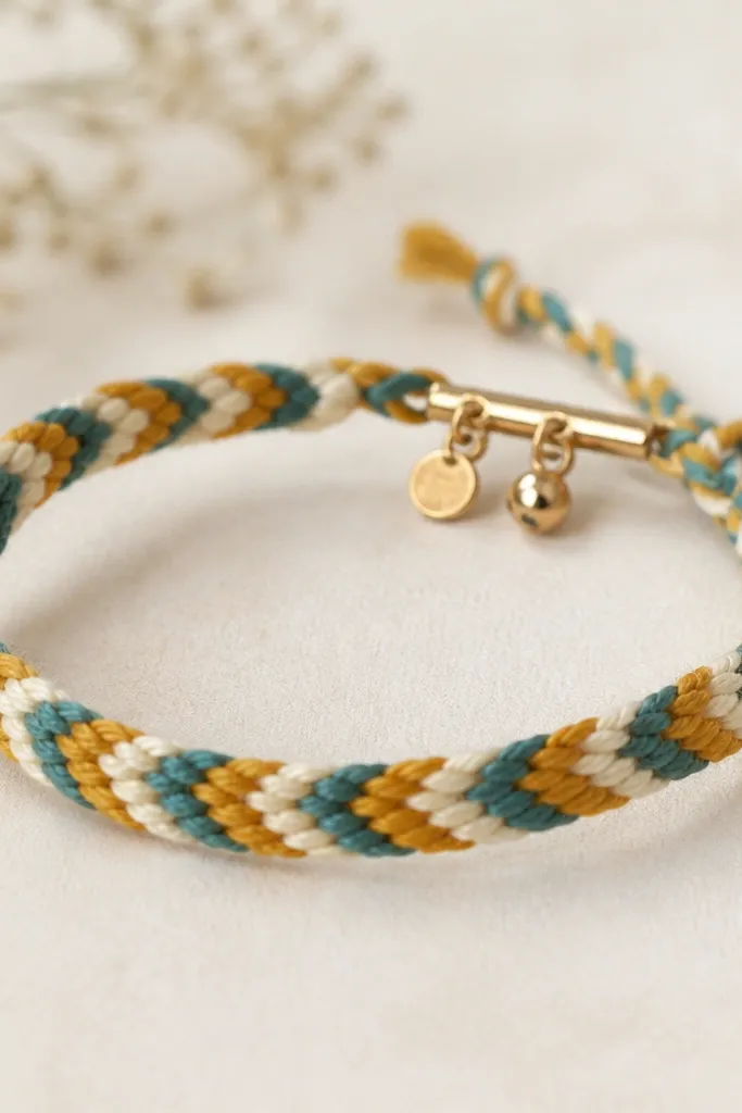 A chevron friendship bracelet in three colors - mustard, cream, and teal - with neat V shapes. The clasp area has a small metal charm bar with two tiny charms. The ends are braided and tied with a tiny knot.