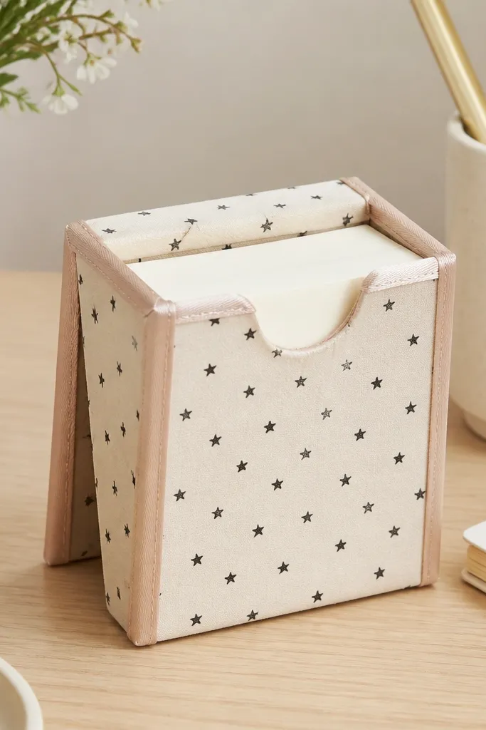 A desk organizer shaped like a small standing holder for sticky notes. It's wrapped in patterned paper with tiny black stars on off-white. The top has a slot for pulling notes, and the edges are covered with thin satin ribbon.