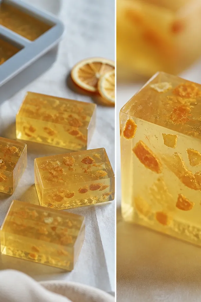 A batch of small soap bars in a silicone mold. One bar is shown close-up with dried orange peel bits suspended inside a clear golden soap. The bars are arranged on parchment paper.