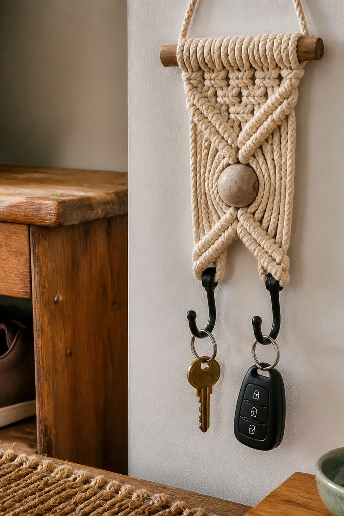 A macrame wall hanging with two metal hooks on the bottom, a driftwood bead centered above them, and thick braided cord in natural tan. It hangs from a wooden dowel with a loop for mounting.