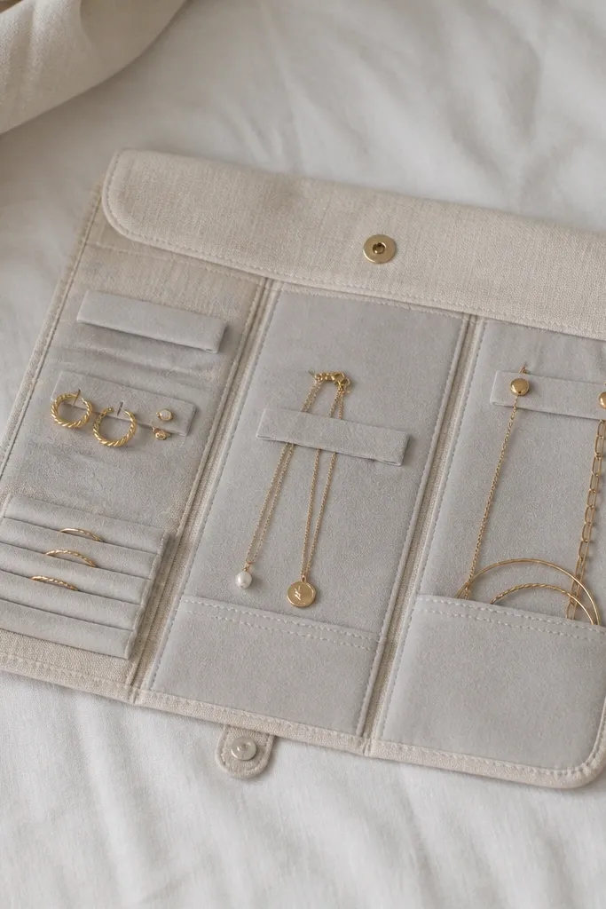 A jewelry roll laid flat on a bed. It's covered in light linen fabric, with three compartments visible. The roll closes with a small snap button near the center, and inside there are pale gray felt panels.