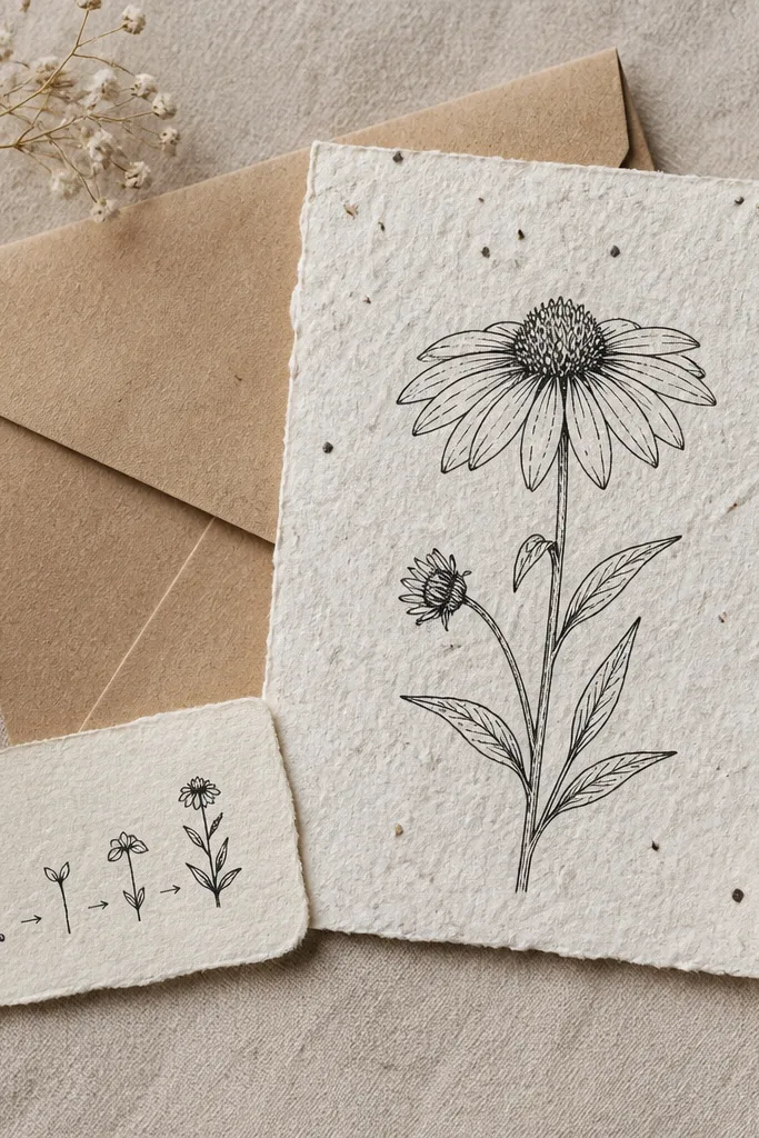 A sheet of seed paper with a hand-drawn line art flower in dark ink. The paper has visible specks and fibers. It's shown next to a small envelope and a handwritten note about planting.