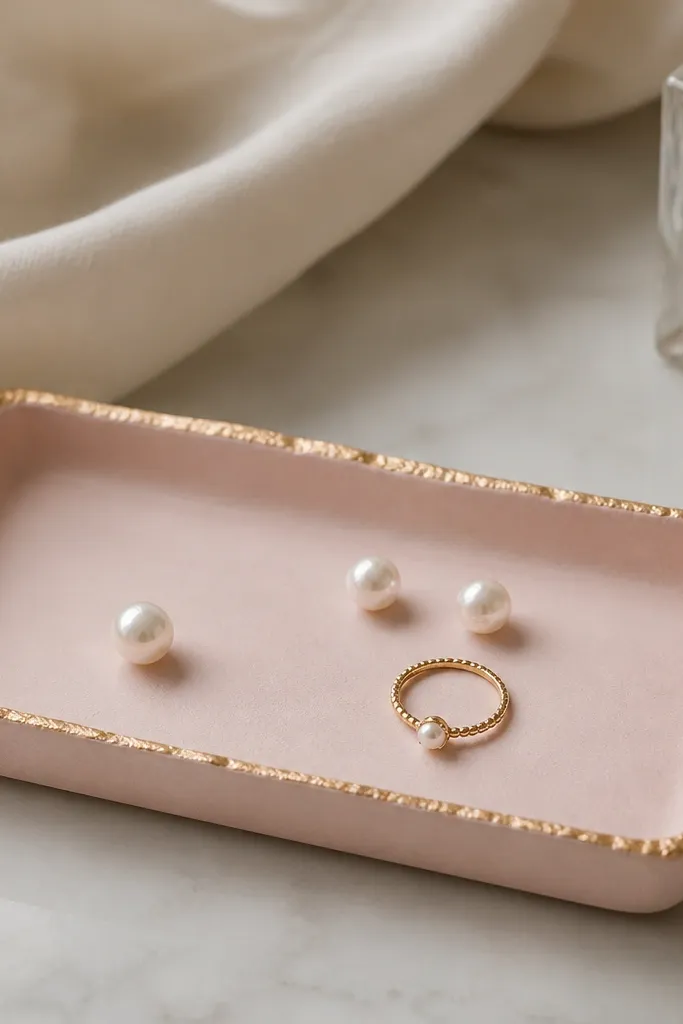 A small rectangular trinket tray painted in pale blush pink with a soft matte finish. The tray has gold leaf applied along the raised edges, showing tiny flecks. A few pearl-like beads and a small ring sit on top.