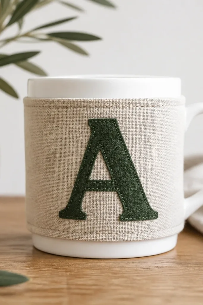A mug cozy sleeve in oatmeal fabric with a stitched fabric initial in deep green. The applique has clean edges and is centered on the sleeve. The bottom hem shows neat stitching.