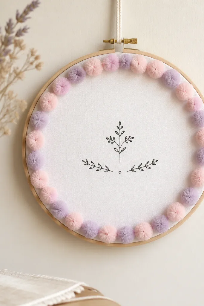 A 6 inch embroidery hoop wall hanging. Inside the hoop is white fabric with a simple printed quote in small black type (no big text). Around the inner edge are small tulle pom trims in pale pink and lavender.