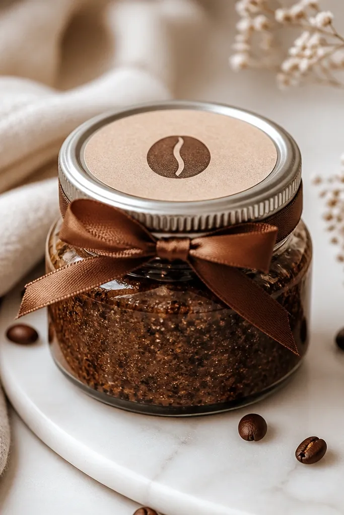 A small glass jar with a screw top. Inside is a thick scrub in a deep caramel-brown color with visible coffee grounds. The lid has a paper label with a coffee bean icon and a ribbon tied around it.