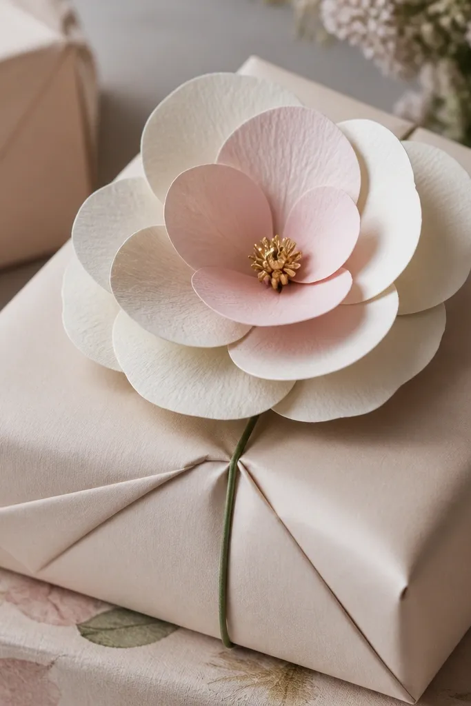 A handmade paper flower topper sitting on top of wrapped gifts. The flower has layered petals in cream and blush, with a small gold center. A thin green wire stem extends downward and is tucked into the wrapping paper.