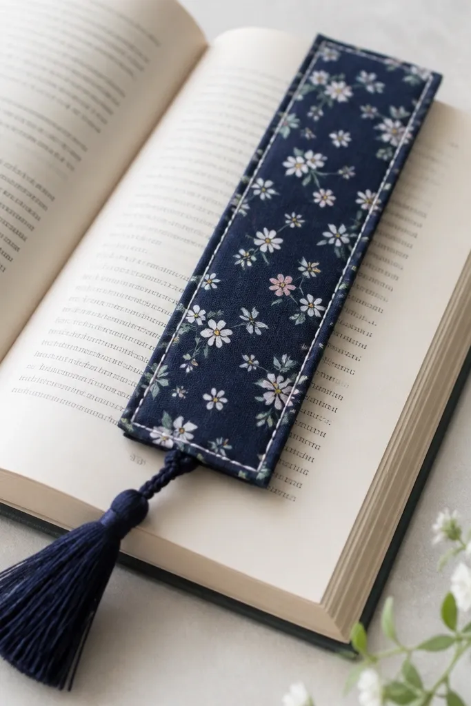 A fabric bookmark made from two layers of cotton, one side patterned with tiny florals and the other in solid navy. The edges are stitched with bright white contrast topstitching. A navy tassel hangs from one end.