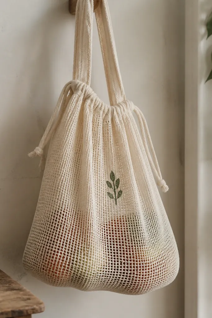 A mesh produce bag with a fabric paint hand stamp on the front. The text is small and reads like a minimalist motto, with a tiny leaf icon. The bag has a drawstring and is shown hanging.